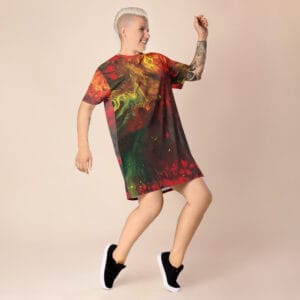 all-over-print-t-shirt-dress-white-front-6894ea5edb545.jpg Abstract T-Shirt Dress | "Fire Dance"